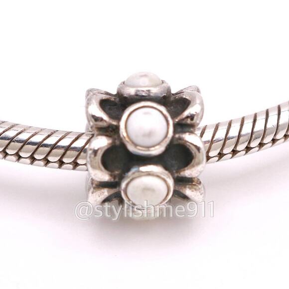 Authentic PANDORA Sterling Silver Forget Me Not White Agate Charm - Picture 3 of 9